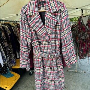 Forever 21 Houndstooth Trench Coat - Black, Red, White